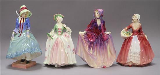 Four Royal Doulton figures: Sweet Anne HN1496, Janet HN1537, Pantalettes HN1362 and Camille HN1648 tallest 19cm